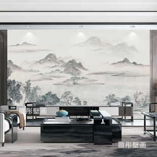 古典新中式 电视背景壁纸淡雅山水无缝墙布茶室客厅背景墙壁布壁画