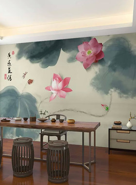 茶室书房装饰墙布新中式客厅电视背景墙壁画影视沙发墙纸荷花壁布