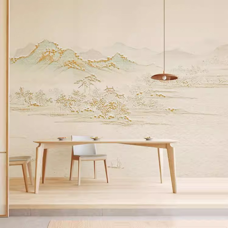 现代中式意境水墨壁纸抽象淡雅山水客厅背景墙纸书房茶室定制墙布