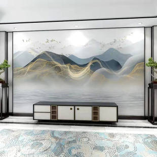 现代客厅壁纸轻奢墙布金色水墨山水抽象线条电视背景墙纸壁画 中式