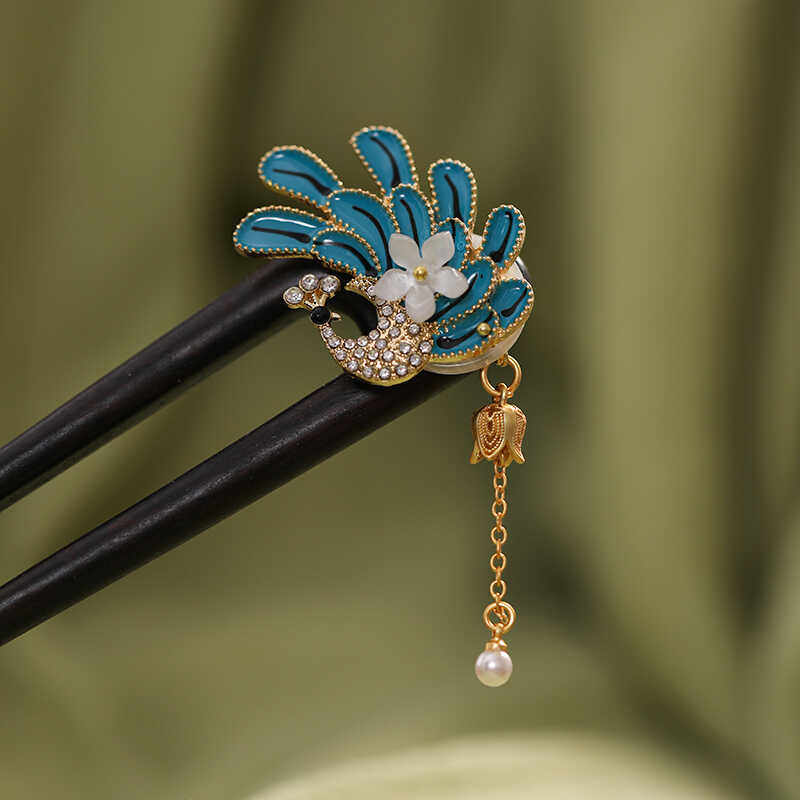 U型黑檀木蓝色孔雀烧兰双钗盘发簪新中式国风气质古典