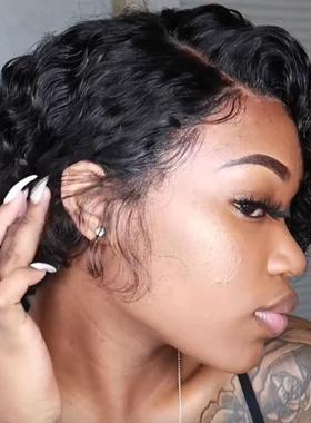 Euro-American wig girl with short curly hair splits into bla