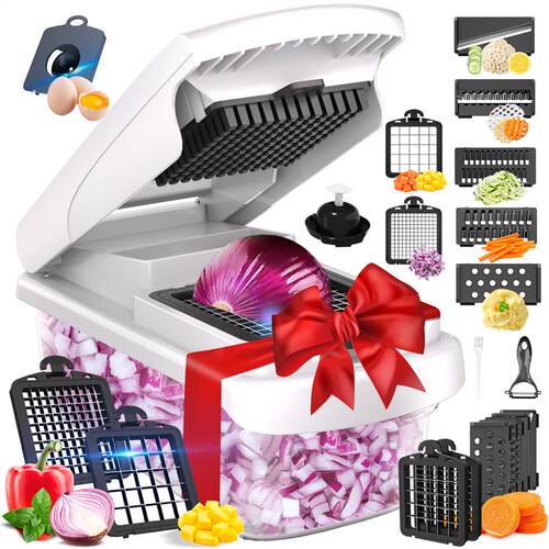 A kitchen cutter machine with a multifunctional cutter. A po