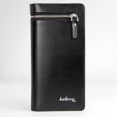 Hes got a long mans wallet and a hand-held mobile phone ba