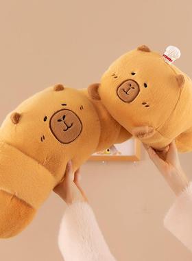 Dolphin Kapybara, sleeping in bed with long-legged dolls wit