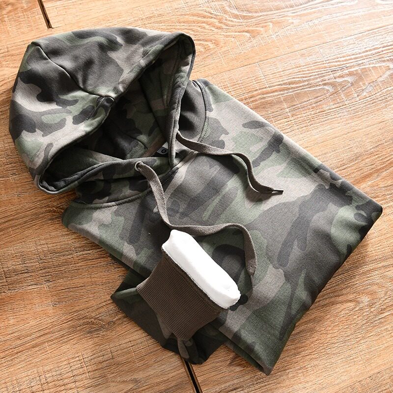 【嘻哈哈】加绒保暖~ODM订单！秋冬款男士圆领休闲连帽迷彩卫衣潮