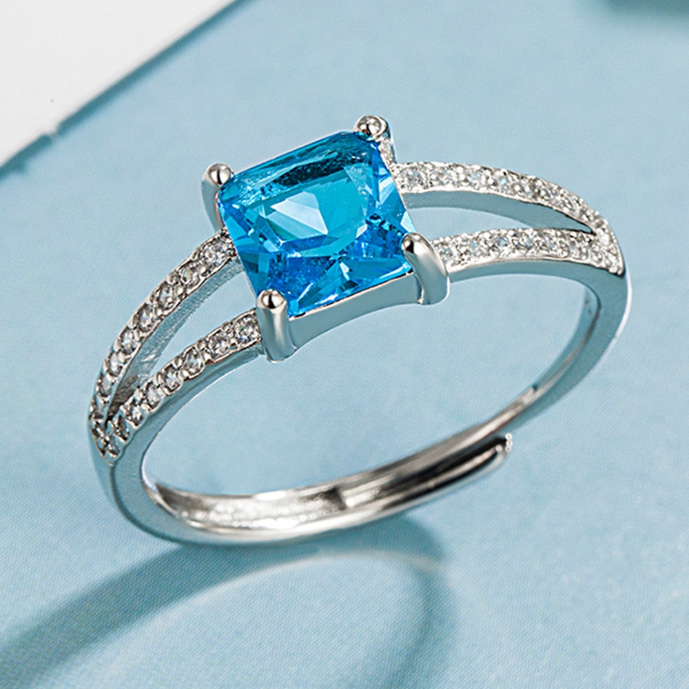 跨境外贸流行简约轻奢感小众银饰品跨境蓝方锆石戒指微镶宝石戒指