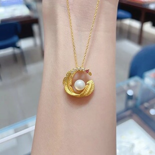出口欧美跨境外贸越南沙金饰品羽毛月亮珍珠吊坠项链女仿沙金久不