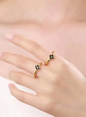 出口欧美跨境外贸沙金饰品小众设计轻奢感简约四叶草戒指女开口银