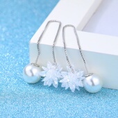 欧美流行首饰耳链冰花锆石球珍珠耳坠女款 水晶花朵耳环配饰 长款
