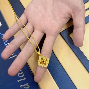 出口欧美跨境外贸沙金首饰品点钻国韵红宝石四叶草吊坠珐琅项链