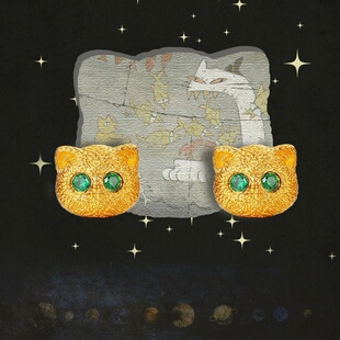 出口欧美跨境外贸沙金饰品祖母绿钻小猫耳钉小众猫咪设计感饰品