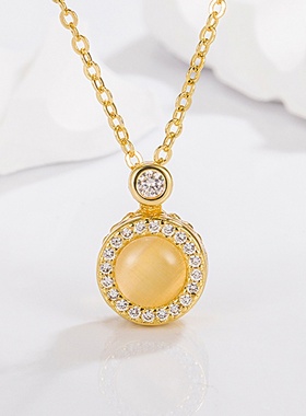 欧美流行首饰新款欧美跨境饰品猫眼旋转吊坠项链旋转猫眼石银饰品