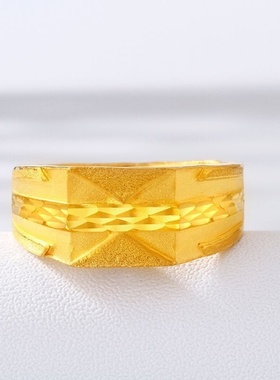 出口欧美跨境外贸沙金饰品男士车花活口戒指气质百搭仿沙金不掉