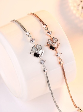外贸轻奢小众银饰幸运四叶花草手链 女款镀银手饰款版简约手饰品
