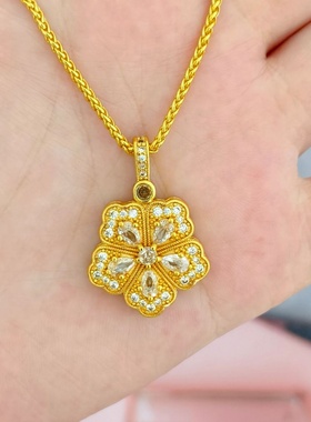 欧美跨境外贸沙金饰品新中式项链女镶钻五叶花吊坠金久不掉色感