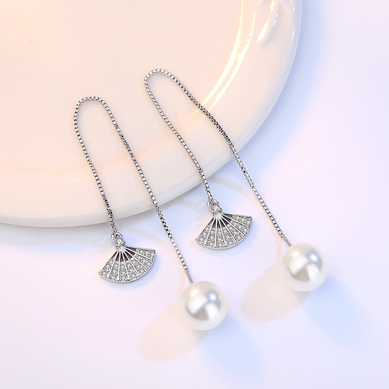 跨境外贸流行简约轻奢感银饰品扇子耳环气质长款女流苏耳饰珍珠