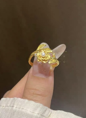 沙金饰品牡丹珍珠沙金戒指女仿沙金久不掉色时尚感指环手饰品银饰