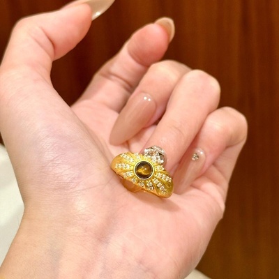欧美跨境外贸沙金饰品拉丝虎眼石戒指女款复古轻奢感叠戴超闪微