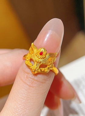 越南沙金澜焰狐狸面具戒指女可调节灵狐指环新中式国潮风久不掉色