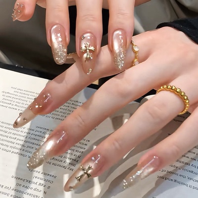 纯手工穿戴美甲长短款成品金色猫眼闪碎钻温柔猫眼香槟粉简约显白