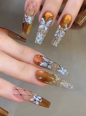 纯手工穿戴美甲高级长款金棕琥珀猫眼蝴蝶花钻琉璃冰透显白温柔质