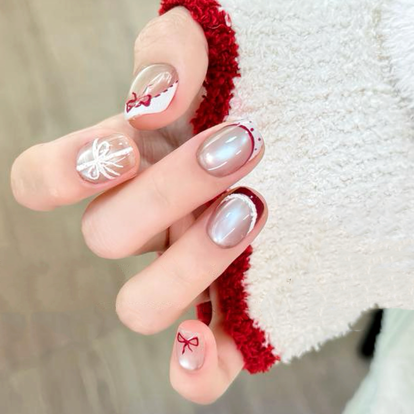 手工穿戴美甲成品短款显白温柔高级甜美粉白月光猫眼法式红蝴蝶结