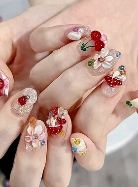 纯手工穿戴美甲成品短款显白少女可爱童趣樱桃蘑菇花田园春夏清新