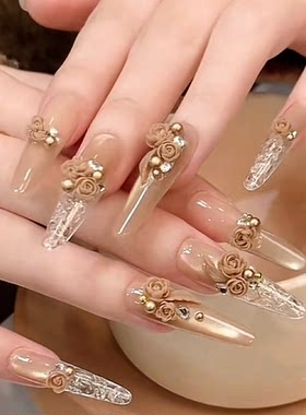 纯手工穿戴美甲中长款成品鎏金玫瑰雕花冰透琉璃琥珀粽钻温柔猫眼