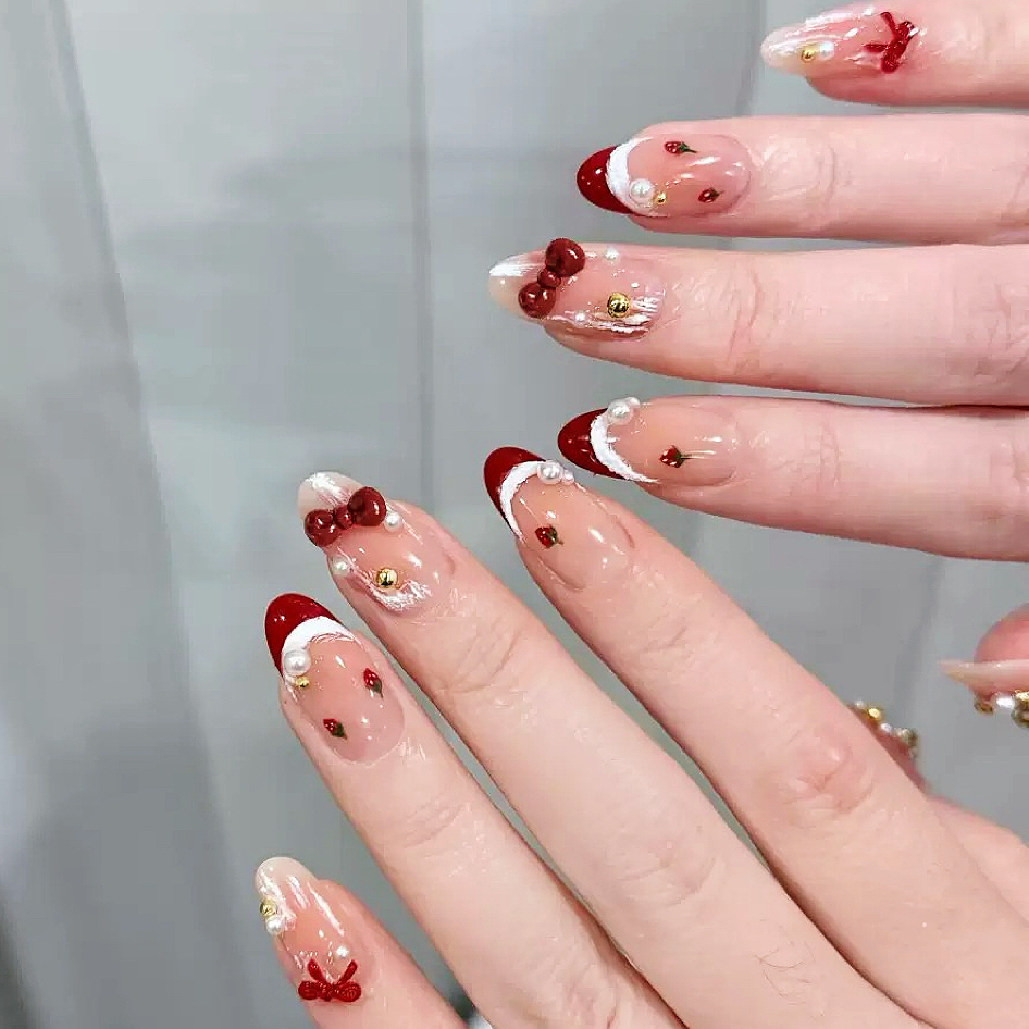 纯手工穿戴美甲成品长款短显白温柔高级红法式金豆蝴蝶结珍珠新年