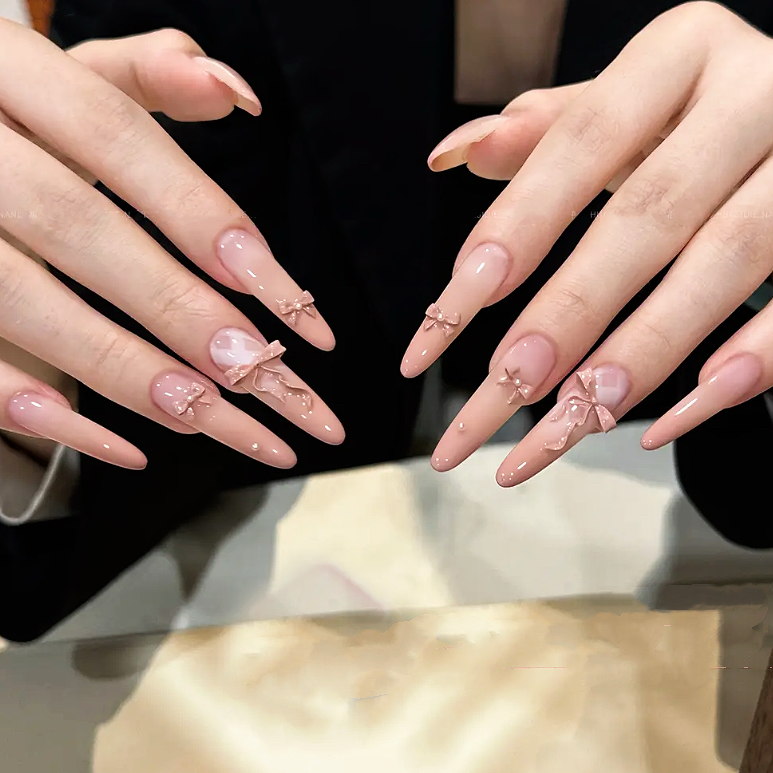 纯手工穿戴美甲高级精致长款成品杏粉格纹渐变蝴蝶结甜美显白温柔