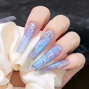 纯手工穿戴美甲成品显白温柔高级长款蓝紫北极光猫眼银闪亮片仙粉