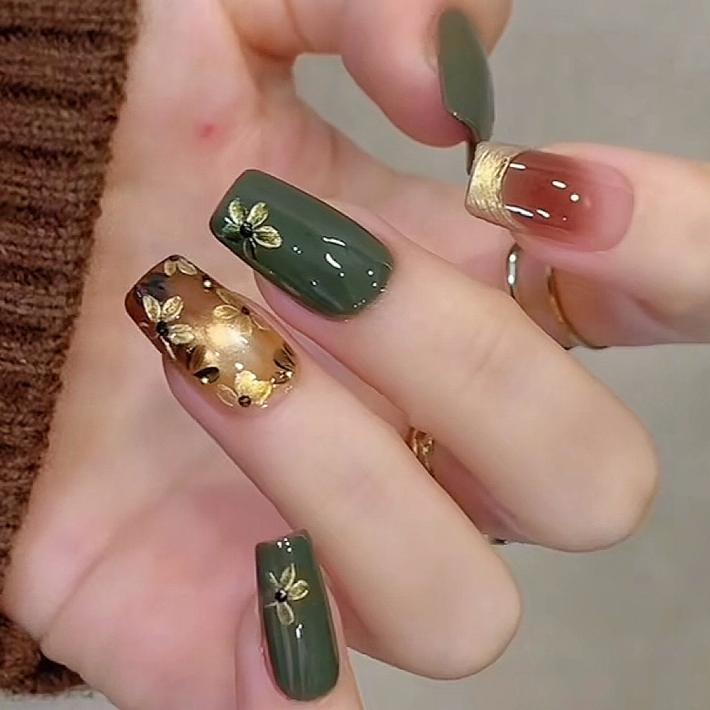 纯手工穿戴美甲短款成品贴片假指甲复古棕绿色猫眼金箔花法式富贵