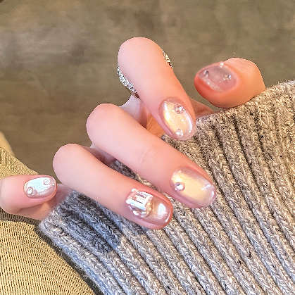 纯手工穿戴甲短款美甲贴成品假指甲可拆猫眼粉金水光冰透闪钻显白