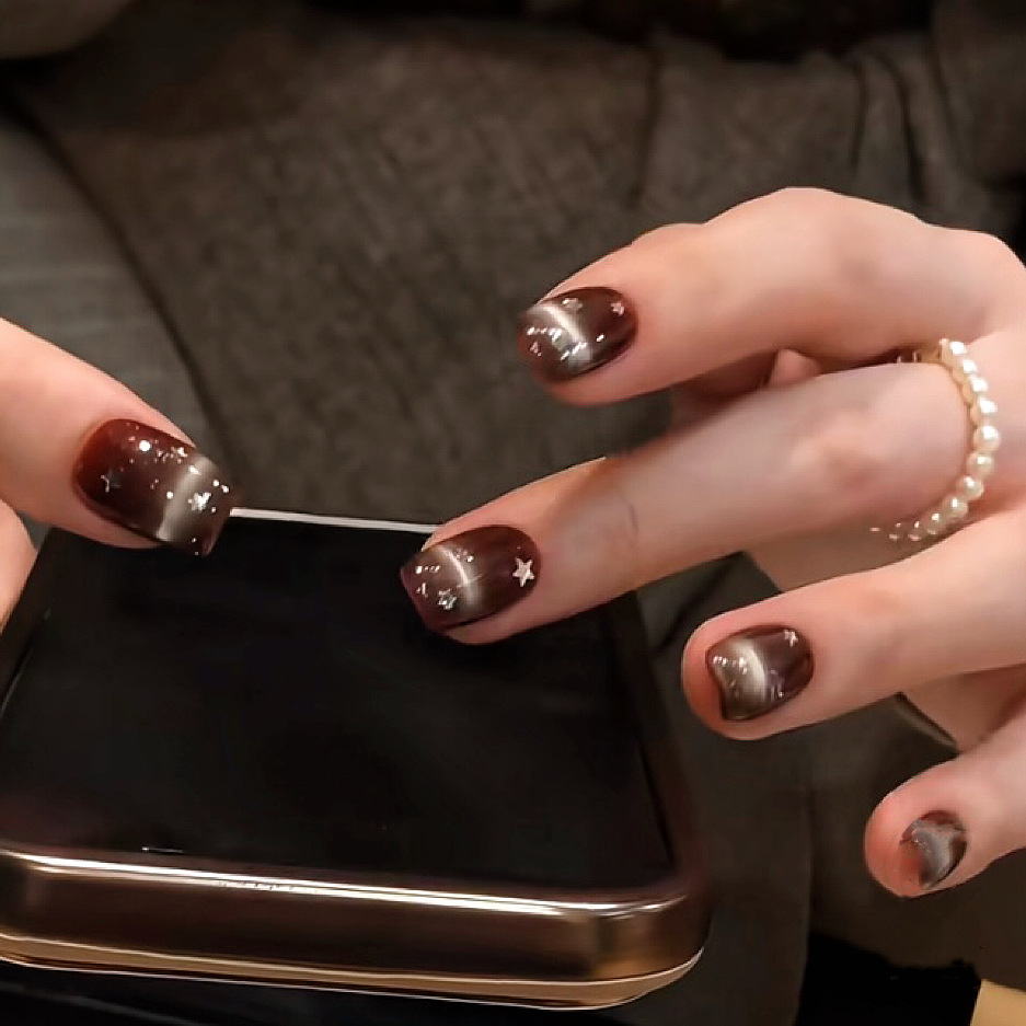 纯手工穿戴美甲短款成品星星毛衣秋冬粽红显白温柔猫眼格纹新年金