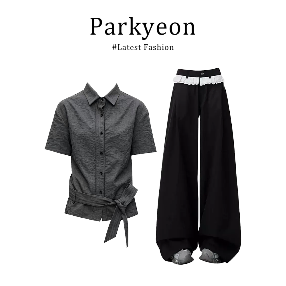 parkyeon韩系复古风设计感收腰短袖衬衫搭配高腰显瘦裤子套装女