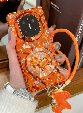 适用华为matex7典藏版手机壳新款橙色MATEX6旋转马支架外壳mate x5折叠屏创意电镀硬壳mate x3防摔皮绳保护套