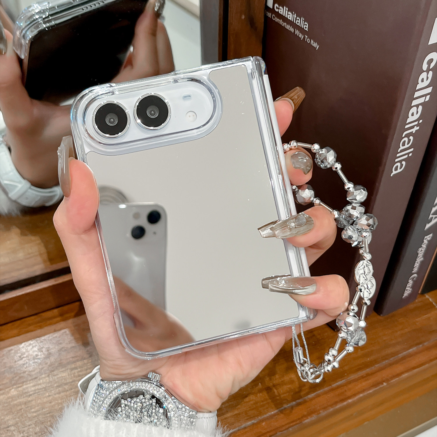 日韩创意镜子款适用iPhone Duo手机壳新款苹果Duo折叠屏全包中轴防摔外壳iPhone duo镜面个性女款手提保护套