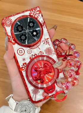 适用OPPOfindn5手机壳红色花纹新款Find N5马年支架透明外壳Find N5折叠屏电镀硬壳xfold5防摔手提链保护套女