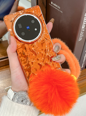 适用vivoxfold5手机壳电镀橙色新款x fold5翻盖外壳XFold5折叠屏创意硬壳X Fold5防摔毛球手绳Find N5保护套