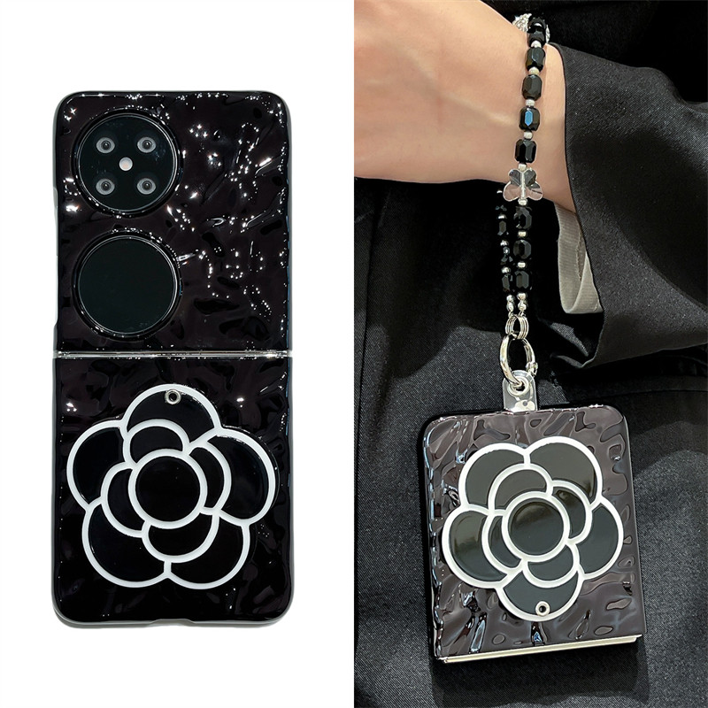 山茶花镜子适用华为pockte2手机壳新款电镀褶皱纹钢琴黑p50pocket折叠屏全包防摔pocket S高级手链女款保护套