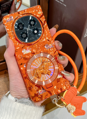 适用OPPOfindn5手机壳新款橙色Find N5创意旋转马支架N2 Flip折叠屏红色电镀翻盖外壳N3Flip防摔皮绳保护套女