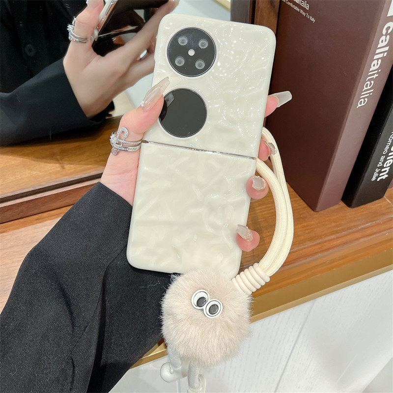 奶白色皱褶秋冬毛绒适用华为pockte2手机壳新款电镀褶皱纹p50pocket折叠屏全包防摔壳pocket S女款手链保护套