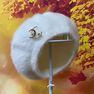 韩版潮秋冬天女帽子 兔毛保暖帽 毛茸茸贝雷帽洋气百搭时尚毛线帽