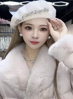 亮钻羊毛贝雷帽女士秋冬季百搭时尚兔毛帽显瘦大头围帽子大码小码