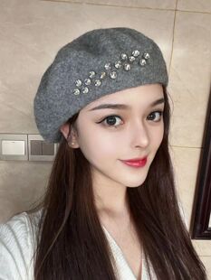 秋冬女帽子羊毛贝雷帽女韩版日系新款时尚亮钻蓓蕾帽羊毛呢画家帽
