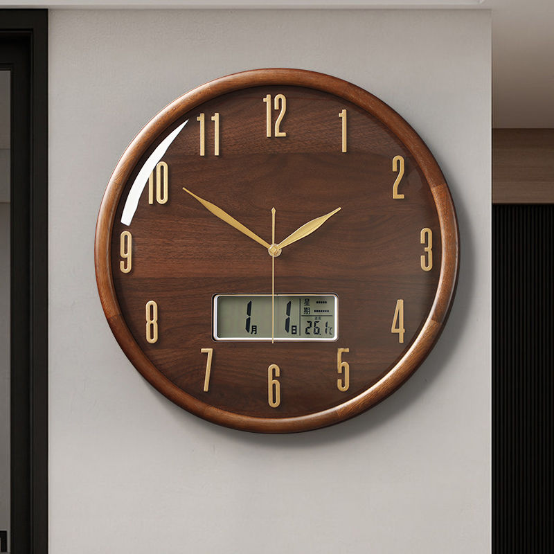 现代简约圆形挂钟家用装饰表挂墙新中式客厅创意实木静音石英钟表
