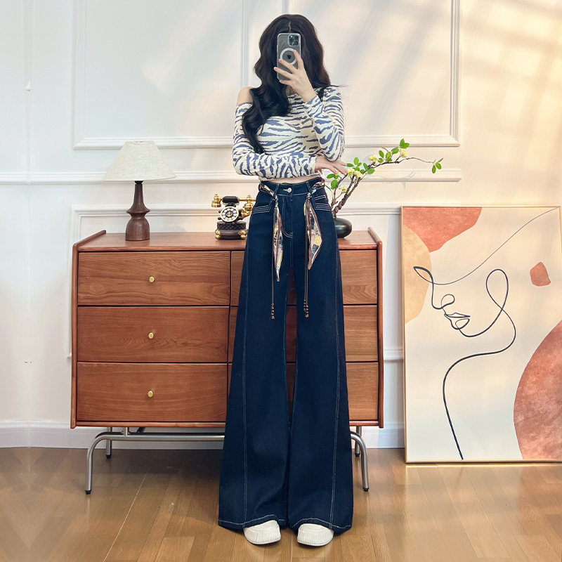 阔腿牛仔裤女春秋冬2025新款宽松时尚加绒超火慵懒丹宁蓝直筒裤子