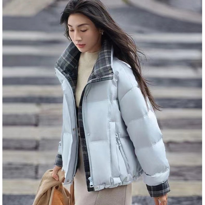 实拍格纹拼接学院风时尚短款羽绒棉服女2025冬季新款立领韩版外套