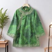 2025春秋新款 国风复古衣服立领盘扣提花绿色上衣女刺绣外套 新中式
